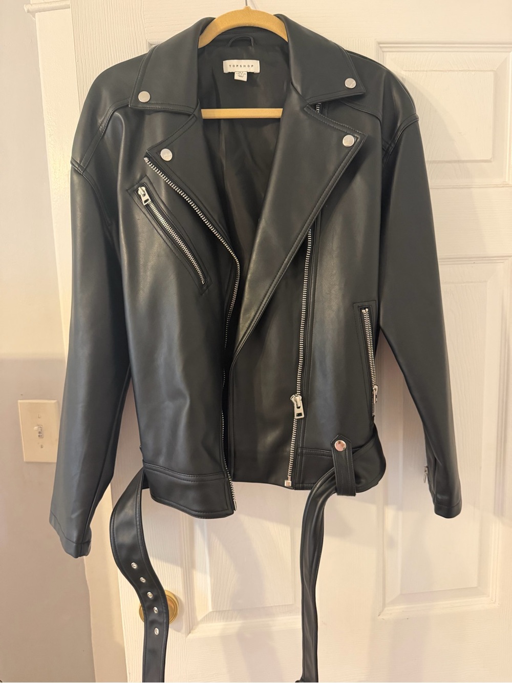 Topshop Black Leather Moto Jacket with Belt